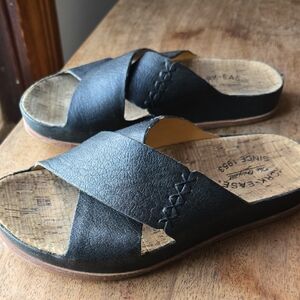 Kork-Ease Amboy Black Leather Criss Cross Cork Slide Sandals US 6